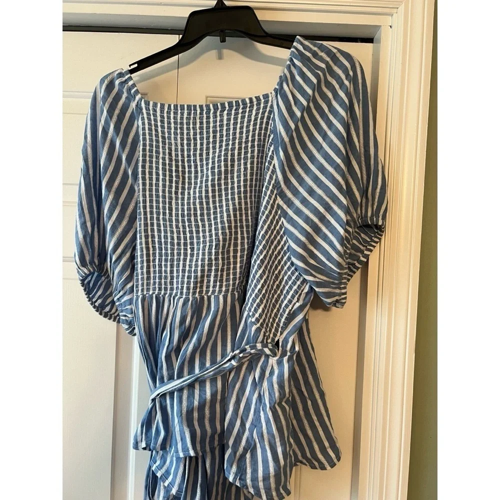 Old Navy Blue White Stripe True Wrap Top Blouse 4X Puff Sleeve Plus EUC 4X #1018